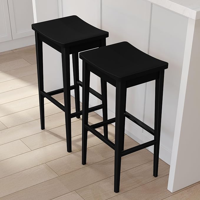 Plank+Beam Smythe Bar Stool, 30", Set of 4, Sturdy Wood Modern Kitchen Bar Height Stool, Saddle Seat Backless Bar Chair, Metal Footrest, Black