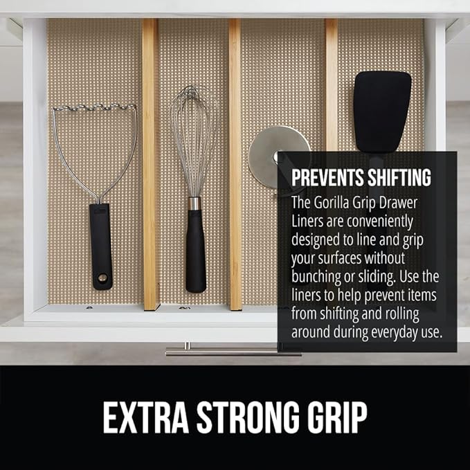 GORILLA GRIP powerGRIP Drawer Shelf and Cabinet Liner, Thick Strong Hold, Non-Adhesive Liners Protect Kitchen Cabinets and Cupboard, Bathroom Drawers, Easy Install, Breathable Mat, 12" x20', Beige