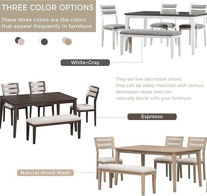 6 Pieces Dining Table Set with 60" Rectangle Kitchen Desk,Wooden Living Room Furniture W/ 4 Upholstered Chairs & 1 Bench,for Restaurant,Home Bistro,Natural Wood Wash