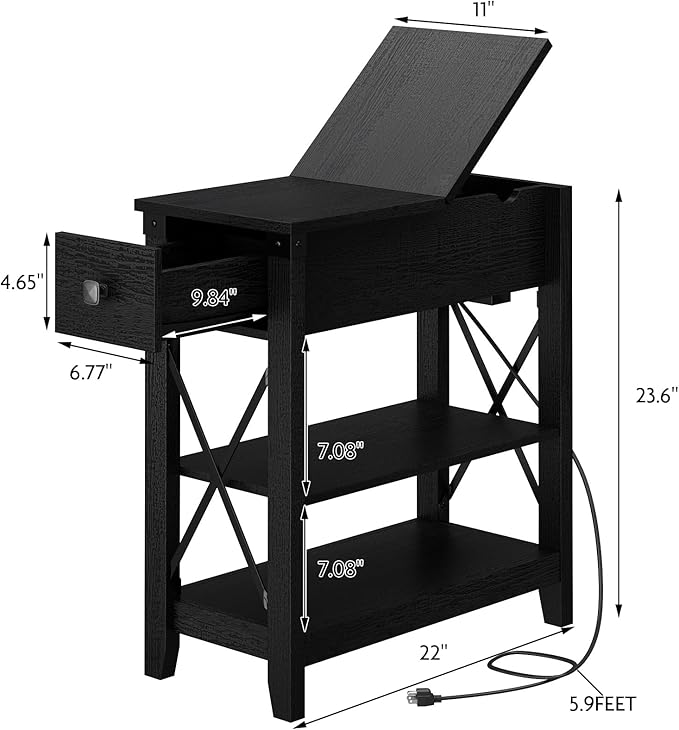 Narrow End Table with Charging Station - Farmhouse Slim Side Table Set of 2, w/USB Ports Power Outlets, Nightstand w/Flip Top Storage Drawer, for Small Spaces Living Room Bedroom, Black