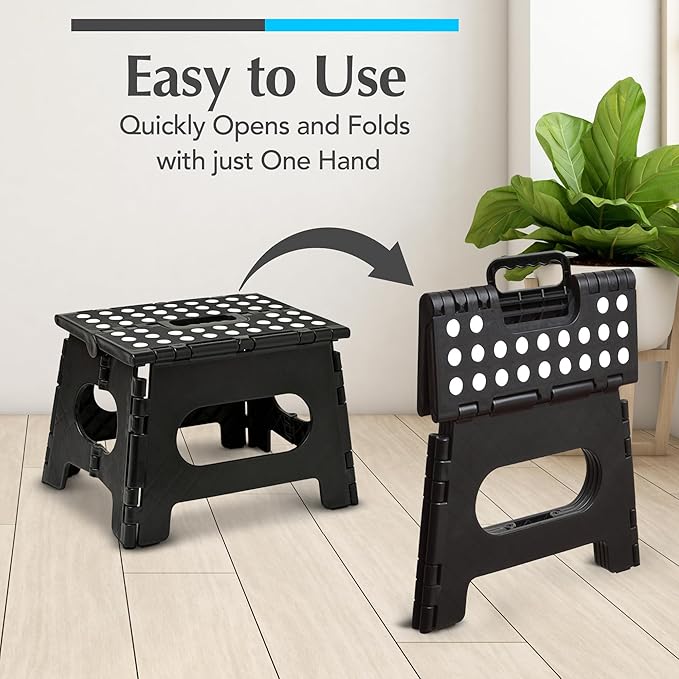 Handy Laundry Folding Step Stool - Sturdy Enough Collapsible Stool to Support Adults and Safe Enough for Kids - Opens Easy with One Flip - Great for Kitchen, Bathroom or Bedroom (Black - 9 Inch)