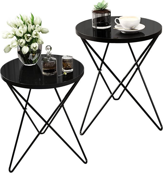 HLR Modern Round Side Table Set of 2, End Table with Marble Effect Top and Gold Metal Frame, Small Side Table for Living Room, Bedroom, Sofa and Couch, Black Legs, Black Glass top