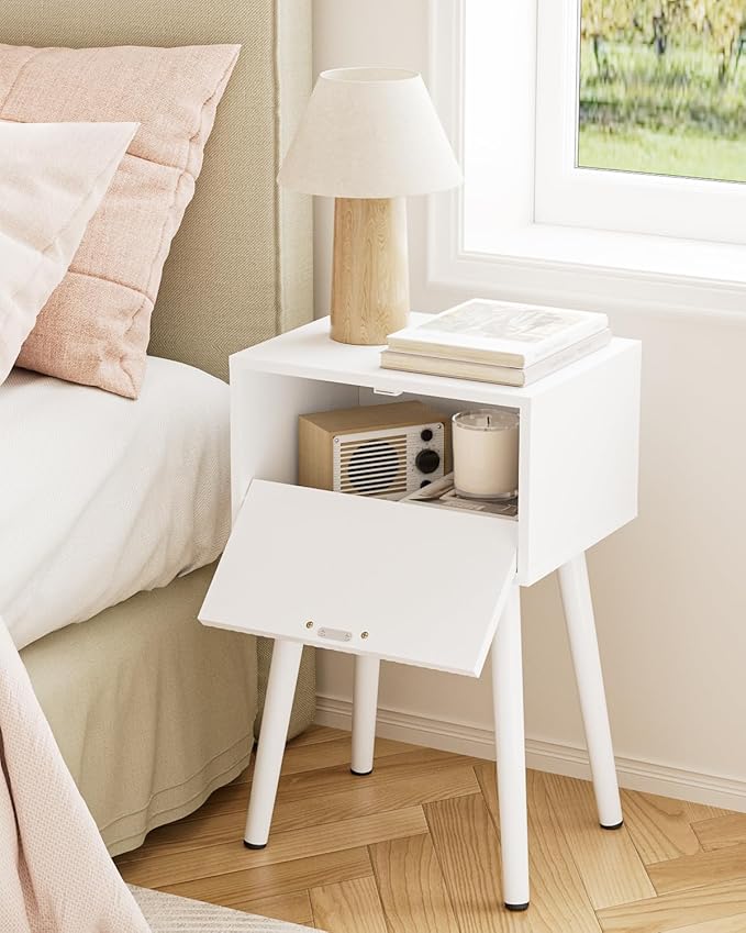 Night Stand Set 2, White Nightstand with Fluted Doors, Small Modern Mid-Century Bedside Table for Bedroom, End Table for Living Room
