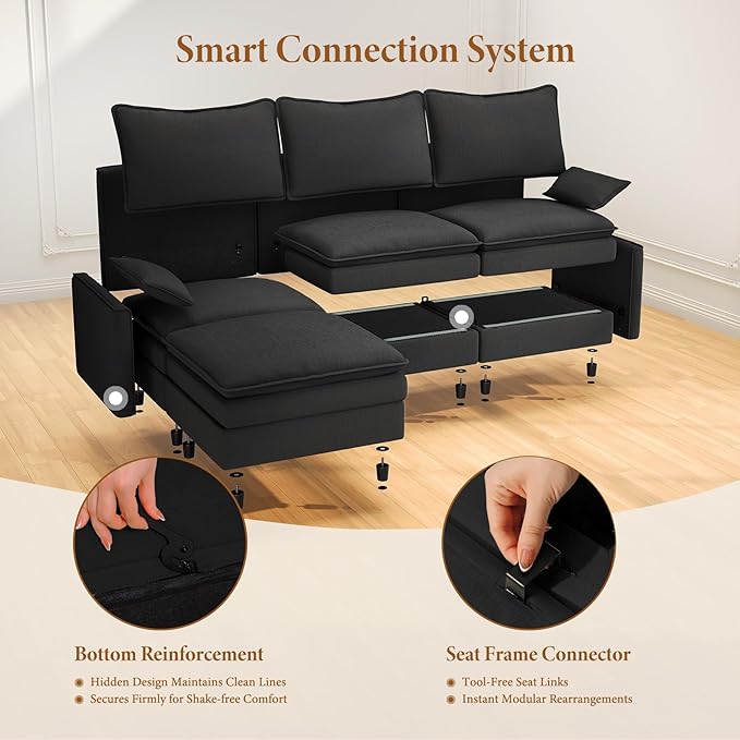 Vesgantti Large Modular Sectional Sofa, Big Comfy Cloud Couch with Ottoman Deep Seat Chenille Cloud Sofa, 9 Seater Large Sectional Couches for Living Room, Bedroom and Apartment, Black