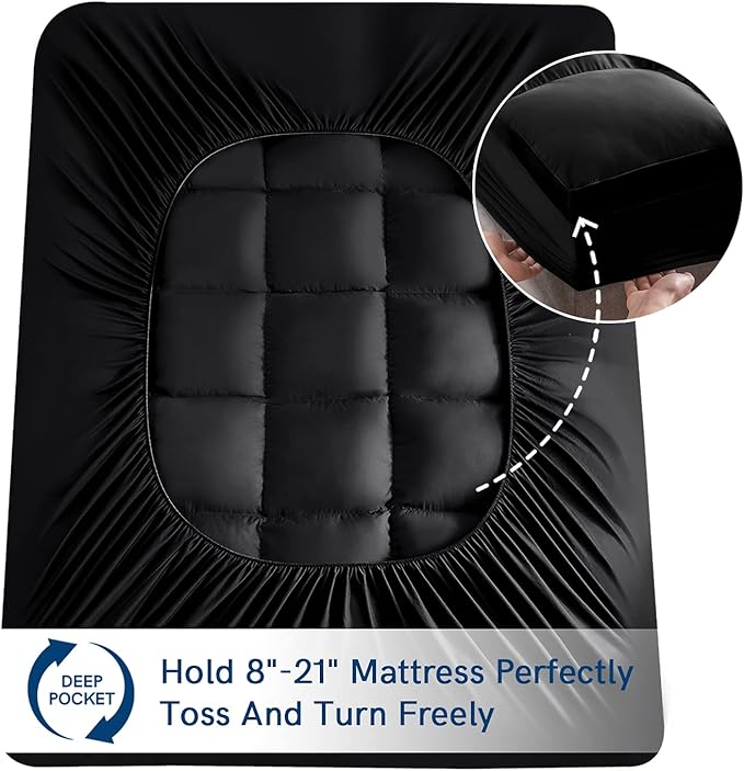 ELEMUSE RV Short Queen Black Mattress Topper for Back Pain, Extra Thick Mattress Pad Cover, Plush Soft Pillowtop with Elastic Deep Pocket, Overfilled Down Alternative Filling