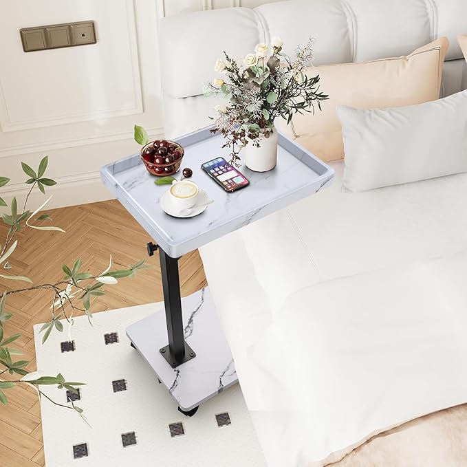 C Table End Table Adjustable Height, 360°Swivel TV Tray Table for Small Spaces, Couch Tables That Slide Under, C Shaped Side Tables Living Room and Bedroom for Sofa, Bed,Chair, Snack (White)