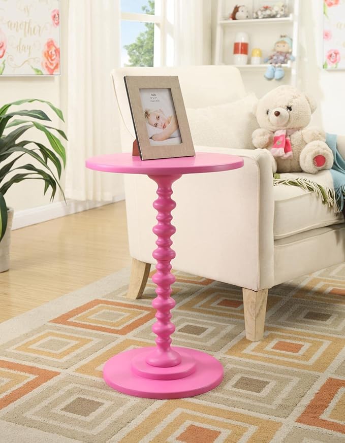 Convenience Concepts Palm Beach Spindle 17.75" Traditional Round End Living Room, Turned Solid Wood Side, Classic Display Pedestal Table, Pink