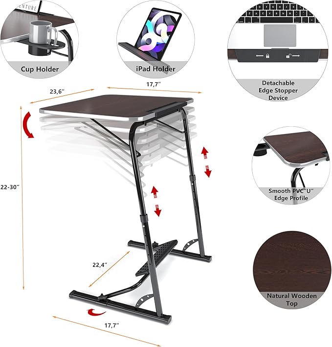 FoldWise Upgraded Folding TV Tray Table - Extra Large & Sturdy Laptop Table for Couch, Height & Angle Adjustable Desk for Dinner, Work & TV - Includes Footrest, Cup Holder, iPad Holder & Edge Stopper