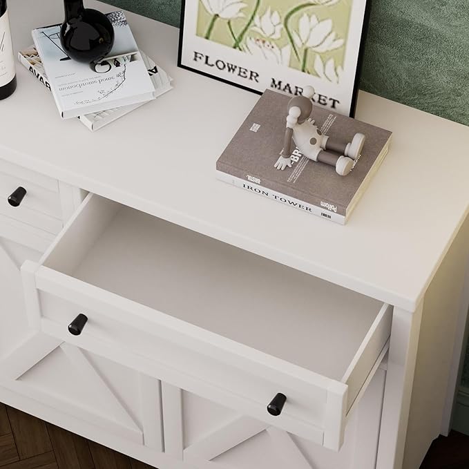 66'' Farmhouse Sideboard Buffet Cabinet with Storage, Large Kitchen Storage Cabinet with Barn Doors Drawers, White Coffee Bar Table for Dining Room Kitchen