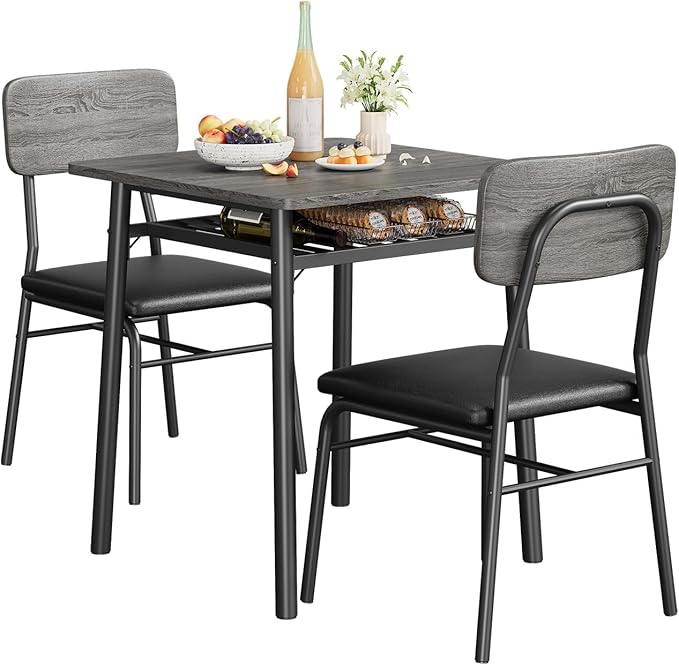 GAOMON 3-Piece Dining Table Set for 2, Wood Kitchen Table Set with Built-in Storage Rack,Small Kitchen Table with Upholstered Chairs and Metal Frame for Small Spaces，Gray