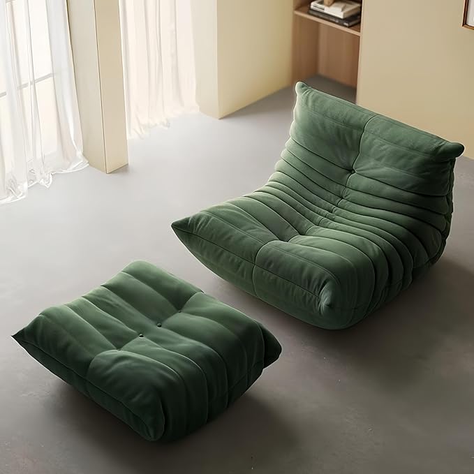 Bean Bag Chair - Memory Foam Bean Bag Chair for Adults, Comfy High-Resilience Single Sofa, Small Space Floor Chair, Chaise Lounge for Living Room, Bedroom(Dark Green, Wrinkles+Ottoman)