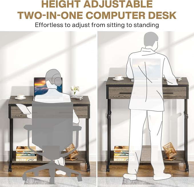 Tribesigns Portable Desk with Drawers, Mobile Laptop Desks with Wheels, Couch Desk Sofa Side Table, Small Standing Desks for Home Office (Retro Grey)