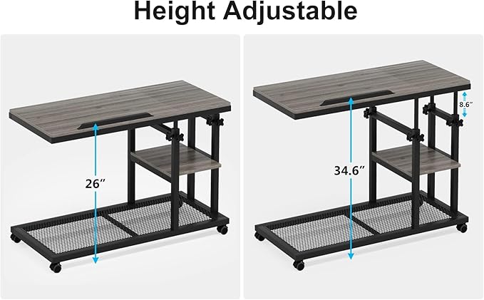 Tribesigns Height Adjustable C Table with Wheels, Mobile Couch Snack Side Table with Tiltable Drawing Board, Sofa Bedside Laptop Stand C Shaped TV Tray with Storage Shelves (Grey)