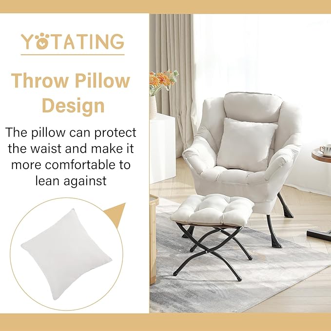 Lazy Chair with Ottoman, Comfy Reading Lounge Chair with Footstool & Throw Pillow Modern with Armrests & Side Pocket for Living Room, Bedroom, Dorm Room, Beige
