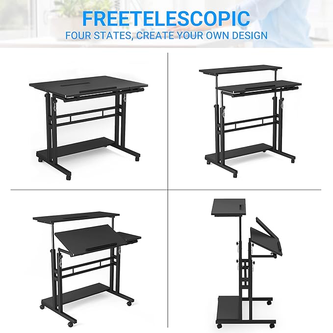 Mobile Standing Desk, Adjustable Rolling Computer Desk with 3 Desktops, Portable Laptop Table with Cup Holder, Home Office Laptop Workstation on Lockable Wheels, Black