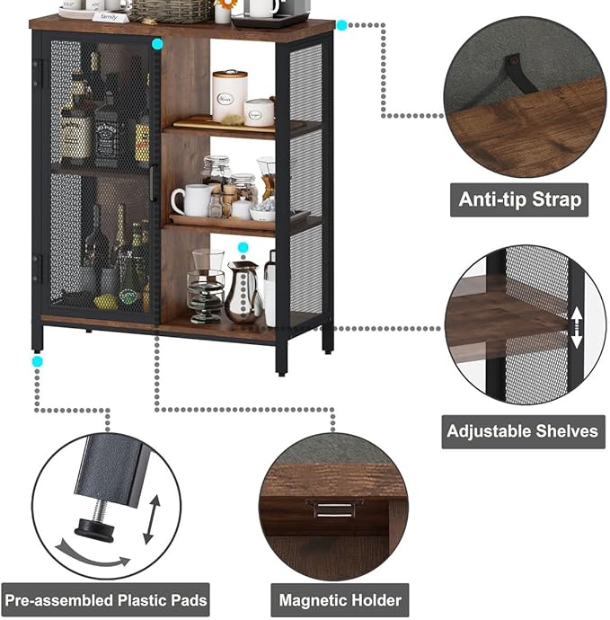 BON AUGURE Coffee Bar Cabinet for Home Liquor, Small Storage Cabinet for Kitchen and Entryway, Farmhouse Industrial Buffet Sideboard Credenza with Adjustable Shelves (Rustic Oak)