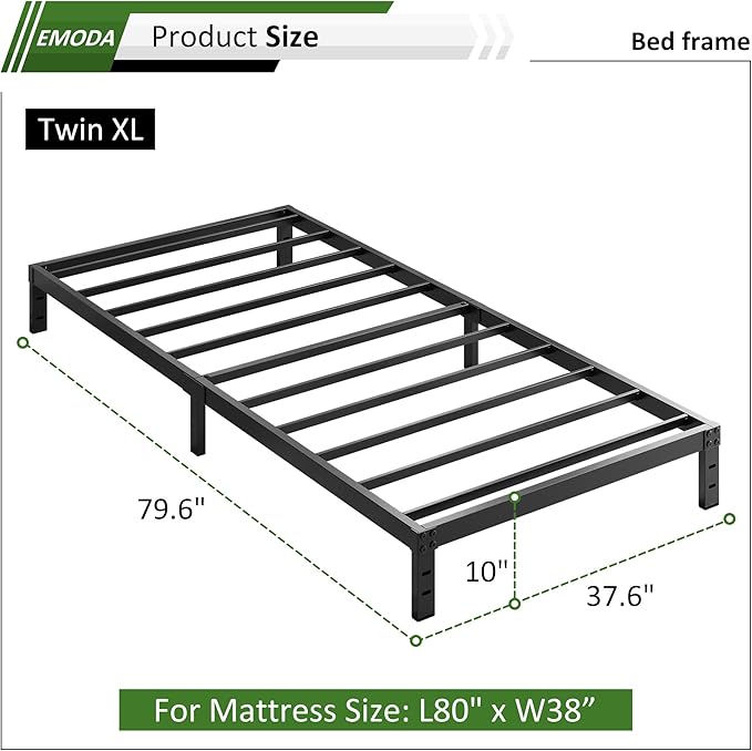 EMODA 10 Inch Twin XL Bed Frames No Box Spring Needed, Heavy Duty XL Twin Metal Platform Bed Frame, Noise Free, Easy Assembly, Black