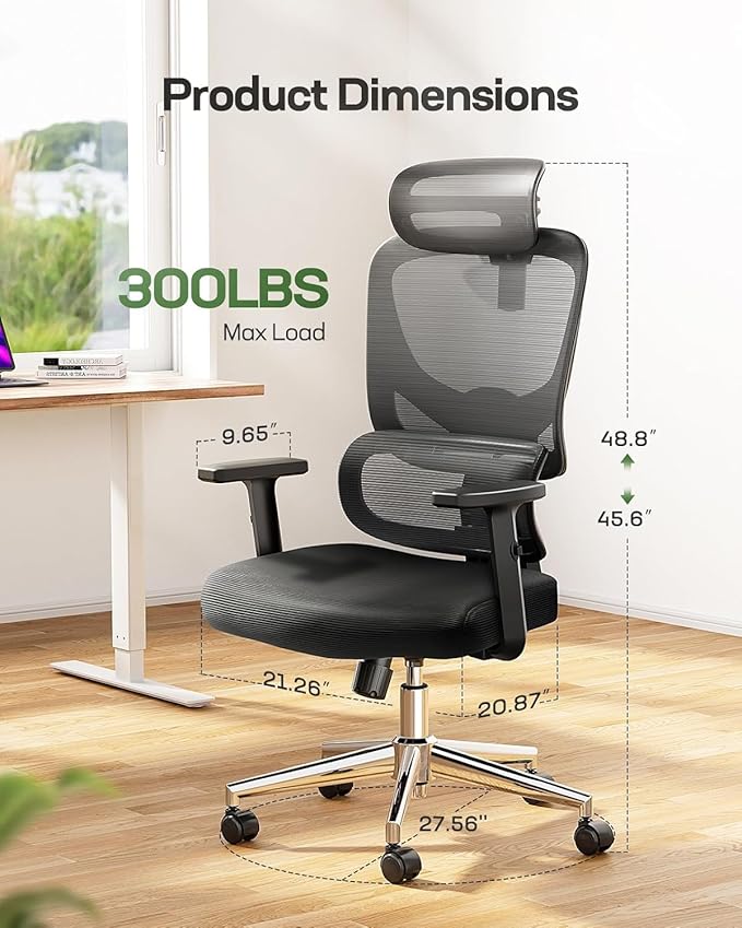Marsail Ergonomic Office Chair Desk Chair,Gaming Chair with Height Adjustable Lumbar Support,Breathable Mesh Seat Adjustable Swivel Rolling Home Executive, Adjustable Armrest& 2D Headrest,Black