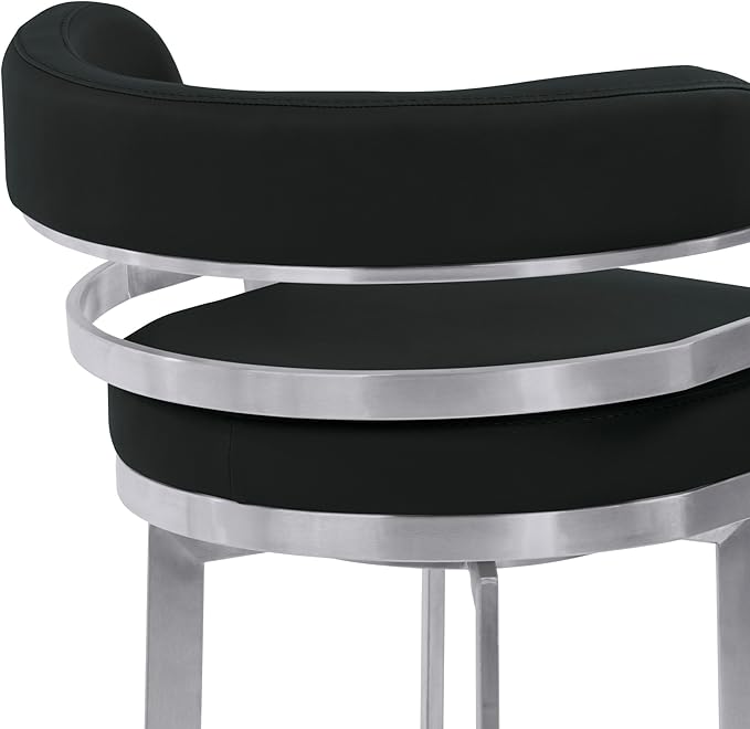 Armen Living Prinz 30" Bar Height Swivel Barstool in Black Faux Leather and Brushed Stainless Steel Finish
