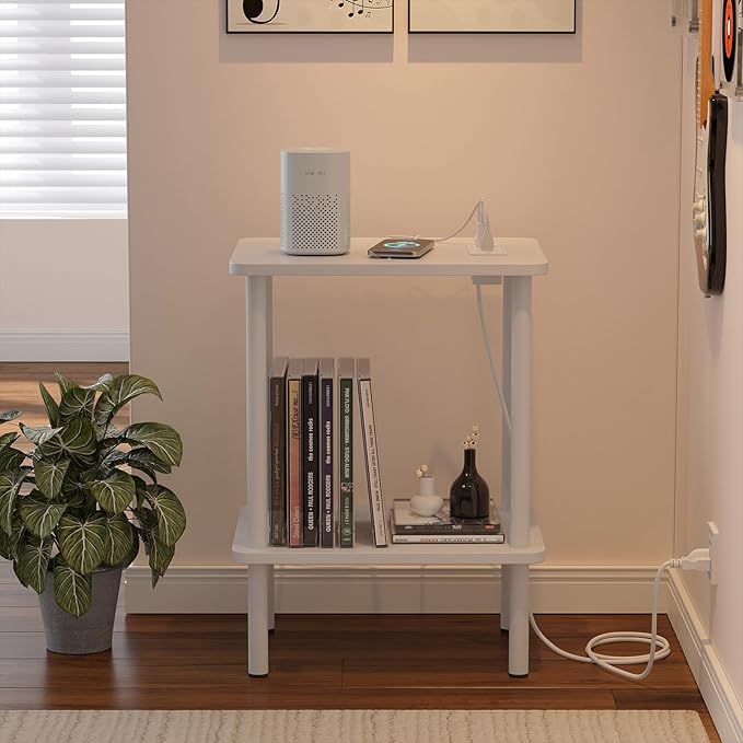 Apicizon 2 Tier End Table, Small Side Table with Charging Station, Boho Bedside Table with USB Ports and Outlets, Nightstand for Small Spaces, Bedroom, Living Room, Entryway, Easy Assembly, White