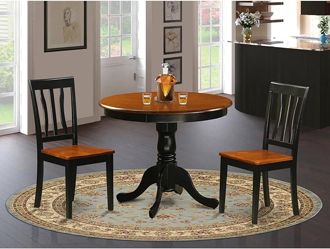 East West Furniture ANTI3-BLK-W 3 Piece Kitchen Table & Chairs Set Contains a Round Dining Room Table with Pedestal and 2 Solid Wood Seat Chairs, 36x36 Inch, Black & Cherry
