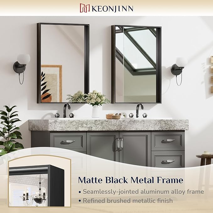Keonjinn Black Mirror for Bathroom 20 x 30 Inch Brushed Framed Mirror, Rectangle Wall Mount Mirror Square Corner Modern Farmhouse Decorative Bathroom Vanity Mirror for Over Sink(Horizontal/Vertical)