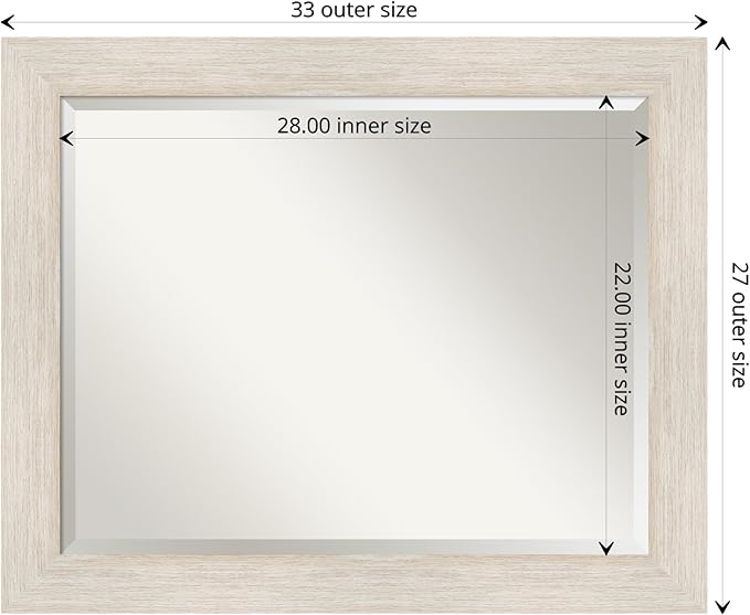 Amanti Art White Bathroom Mirror for Over Sink, 27x33 Hardwood White Wash Rectangle Vanity Mirror, Large Rustic Farmhouse Wood Frame, Hangs Horizonally and Vertically, Bathroom Wall Decor, Beveled