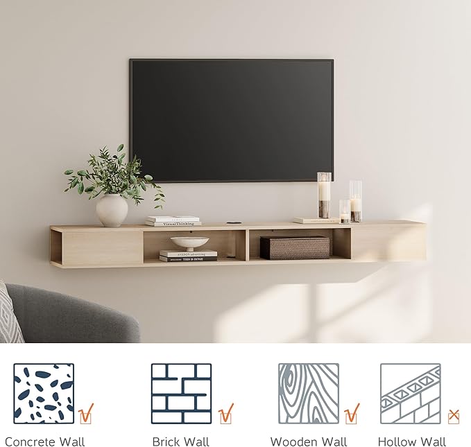WAMPAT 70 inch Floating TV Stand, Entertainment Center Media Console, Wall Mounted Shelf Media Console Cabinet for Storage for 65/70/75 Inch TVs, Oak
