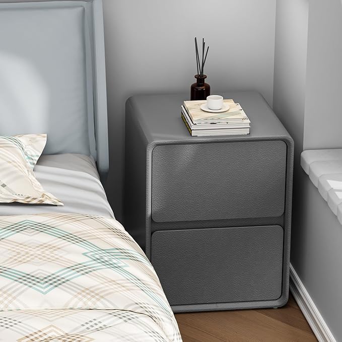 VICITON Modern Narrow Faux Leather Nightstand, Solid Wood Drawer, Storage Accent Table, Small Side End Table for Bedroom (Gray, Large(15.7inch))