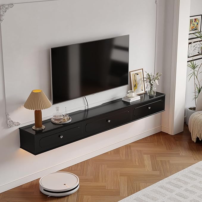 Retro Floating TV Console with 3 Doors,55'' High Gloss Floating TV Stand,Wall Mounted TV Cabinet,Contemporary Floating Media Console for Under TV Storage,Living Room,Bedroom(Black)
