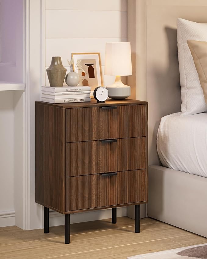 Night Stand,Tall Bedside Table with 3Storage Drawers,Walnut Nightstand,Bedside Furniture,Side Table with Gold Frame,End Table for Bedroom,Living Room