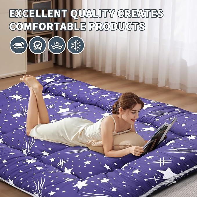 Japanese Floor Mattress,4" Thicken Japanese Floor Sleeping Pad Foldable,Futon Mattress Suitable for Camping and Guest Room (Blue, Queen (80" X 60"))