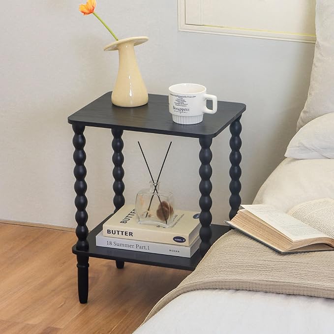 Black Side Table, Small End Table with 2-Tier Shelf, Vintage Night Stand with Storage for Bedroom Living Room, Small Spaces (Black)