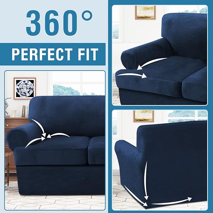 H.VERSAILTEX Sofa Cover 3 Piece T Cushion Sofa Slipcovers Thick Velvet Couch Cover Furniture Protector Stretch T Cushion Sofa Covers for 2 Cushion Couch with 2 Individual T Cushion Covers, Navy