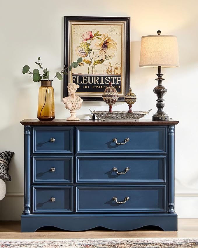 Farmhouse 6 Drawers Dresser for Bedroom with Charging Station, Wood Country Rustic Storage Dressers Organizer, Vintage Design