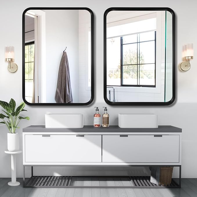 WallBeyond 30x40 Inch Wood Mirror for Bathroom, Wooden Frame Wall Mirror Farmhouse Wall Mounted Rectangle Mirror for Vanity (Horizontal/Vertical Black Color)