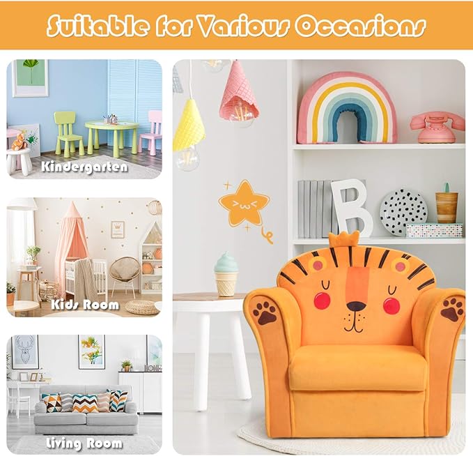 Costzon Kids Couch, Children's Sofa Armrest Chair with Pattern, Toddler Furniture w/Sturdy Wood Construction, Preschool, Lightweight Kids Couch Sofa Chair for Aged 1-5 Boys & Girls Gifts, Lion