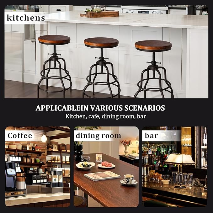 LOKKHAN Vintage Industrial Barstools - 13.8" Dia Round Wooden Brown Seat - Black Metal Base - Adjustable Height: 23.6"-29.5" / Minimalist Design/Raw Rustic Look/Rotating Top Bar Chairs, Set of 2