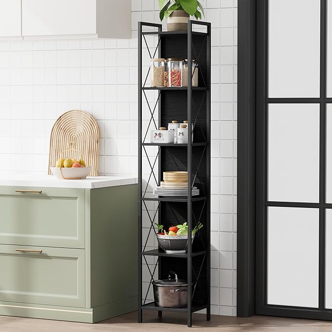 Homhedy 6 Tier Bookshelf Bookcase, Tall Narrow Bookshelf for Small Space, Metal Storage Shelves with Back Panel, for Home Office, Living Room, Kitchen, Bedroom, Industrial Style, Black