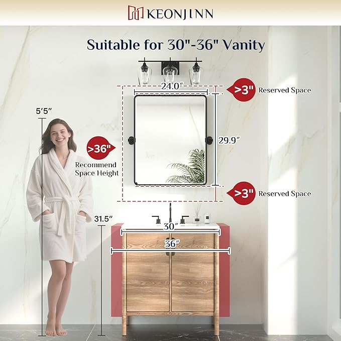 Keonjinn 24x30 in Brushed Pivot Mirror, Tilt Beveled Mirror Bathroom, Rectangular Sturdy Modern Silver Tilt Mirrors, Rounded Corner Aluminum Framed Vanity Mirrors for Wall (Horizontal/Vertical)