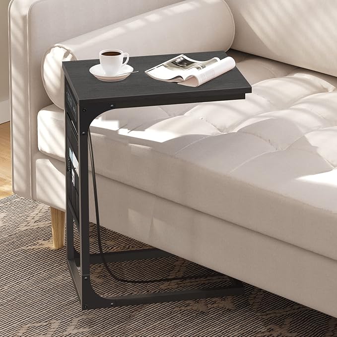 TUTOTAK C Shaped End Table with Charging Station, Side Table for Sofa, Couch Table with Storage Bag, Set of 2, TV Tray Table with 2 USB Ports and Outlets for Living Room, Bedroom, Black TB01BK0242