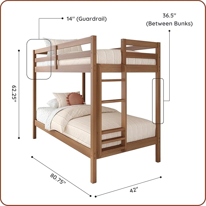 Grain & Grove Bear Twin Over Twin Bunk Bed, Sturdy Bunk Bed Frame for Kids, Plywood Bunk with Ladder, Guardrail, and Slats, No Box Spring Required, Oak Embossed Pecan