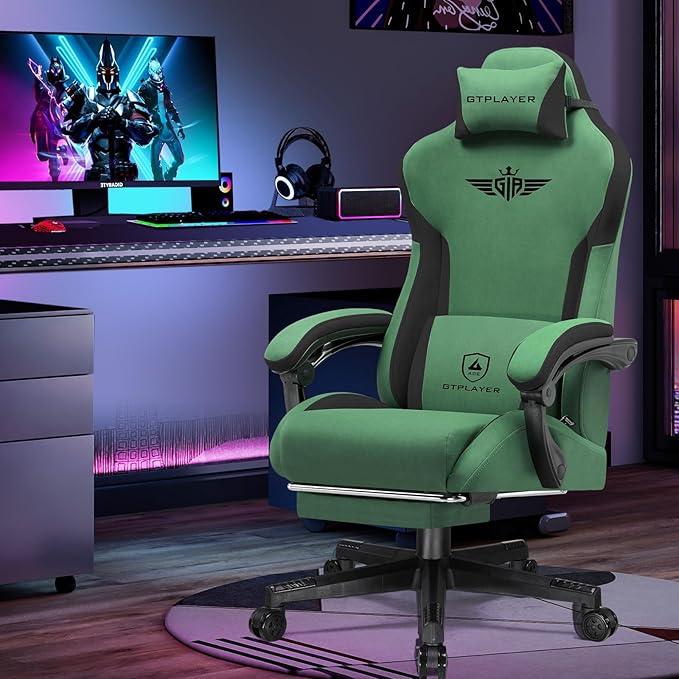 GTPLAYER Gaming Chair Fabric with Footrest, Big and Tall Game Chair High Back Computer Office Chair with Lumbar Support for Adults, Ergonomic Swivel Games Chair with Cushion Gaming Green