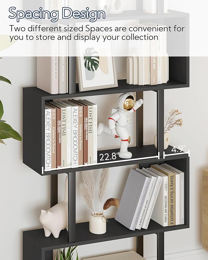 Yusong S Shaped Bookshelf, Modern Geometric Bookcase, 6-Tier Black Display Case Book Shelf