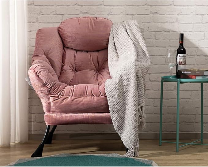 HollyHOME Modern Fabric Large Lazy Chair, Accent Oversized Comfy Reading Chair with Armrest, Thick Padded Cozy Lounge Sofa for Living Room, Bedroom, Dorm, Gilding Pink