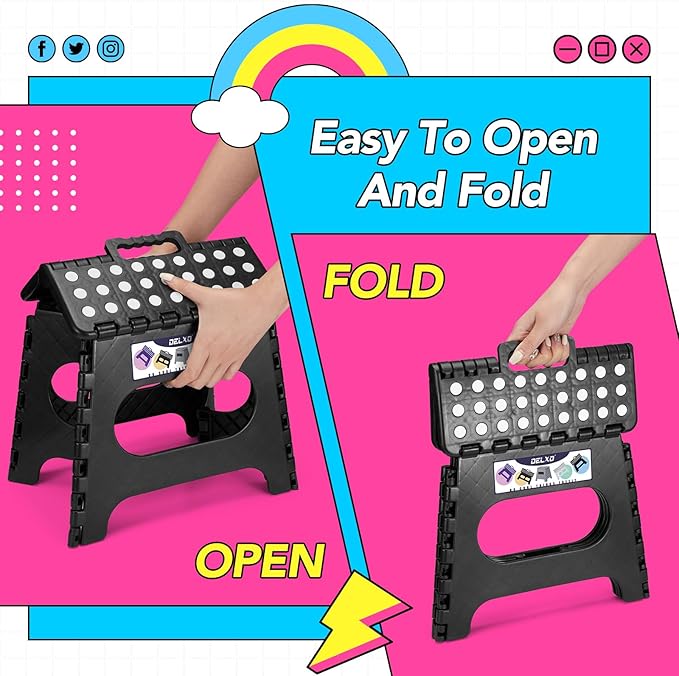 Delxo Folding Step Stool,11 Inch Non-Slip Foldable Step Stools,Portable Foldable Step Stool Lightweight Small Folding Stool with Handle for Kitchen Bathroom in Black,1 Pack
