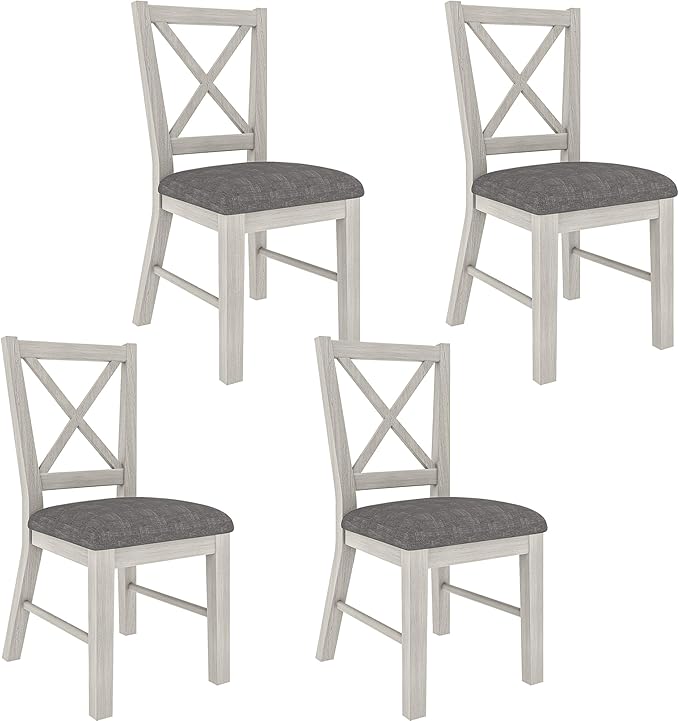 Solid Wood Dining Chairs Set of 4, Farmhouse Chairs with High Cross Back and Upholstered Seat, Easy Assembly for Dining Room, Kitchen, Washed Gray