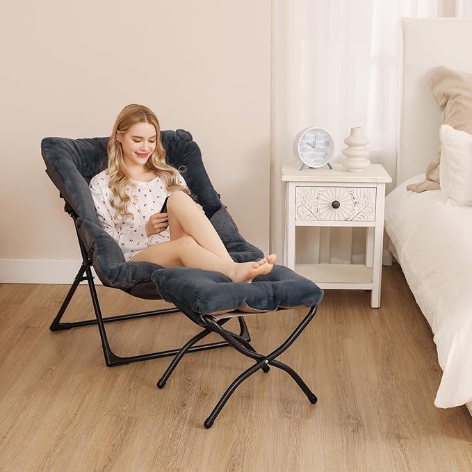 Comfy Saucer Chair for Adults, Soft Faux Fur Bedroom Chair with Ottoman, Accent Dorm Chairs, Living Room Reading Chairs and Footstool, Folding Lounge Seat for Teens, X-Large, Navy Blue