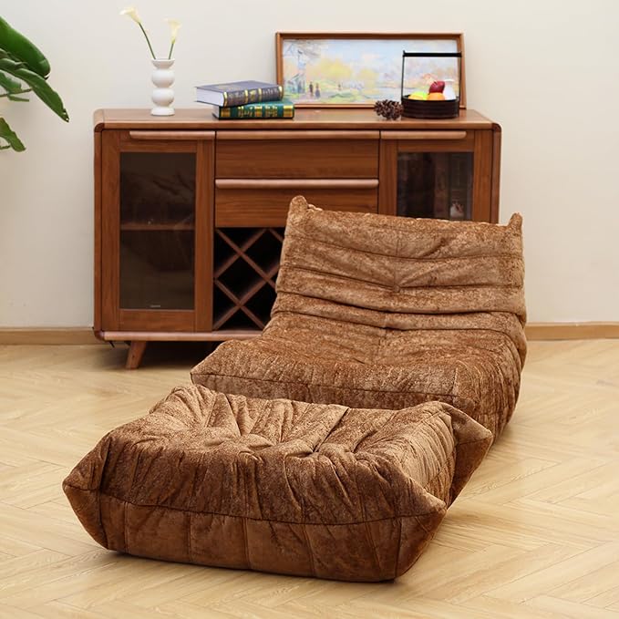 N&V Fireside Chair, Mid Century Armless Floor Sofa, Soft Premium Chenille Floor Lounge Chair, Foam Sofa Accent Chair for Living Room Bedroom and Office (Brown, Ottoman)