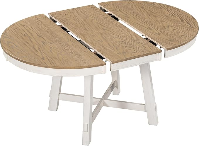 Farmhouse Round Dining Table for 4, Extendable Circle to Oval Wooden Tabletop for 6 with 16" Removable Leaf, X-Shape Trestle Base for Home, Kitchen, Dining/Living Room, Apartment